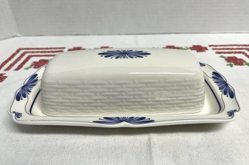 Noritake Covered Butter Dish Dutch Tile Pattern Blue & White Basket Weave