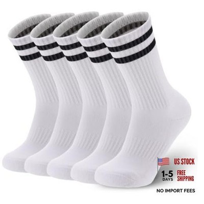 5 Pairs Striped Crew Socks Cotton Cushioned Athletic Sports Large White