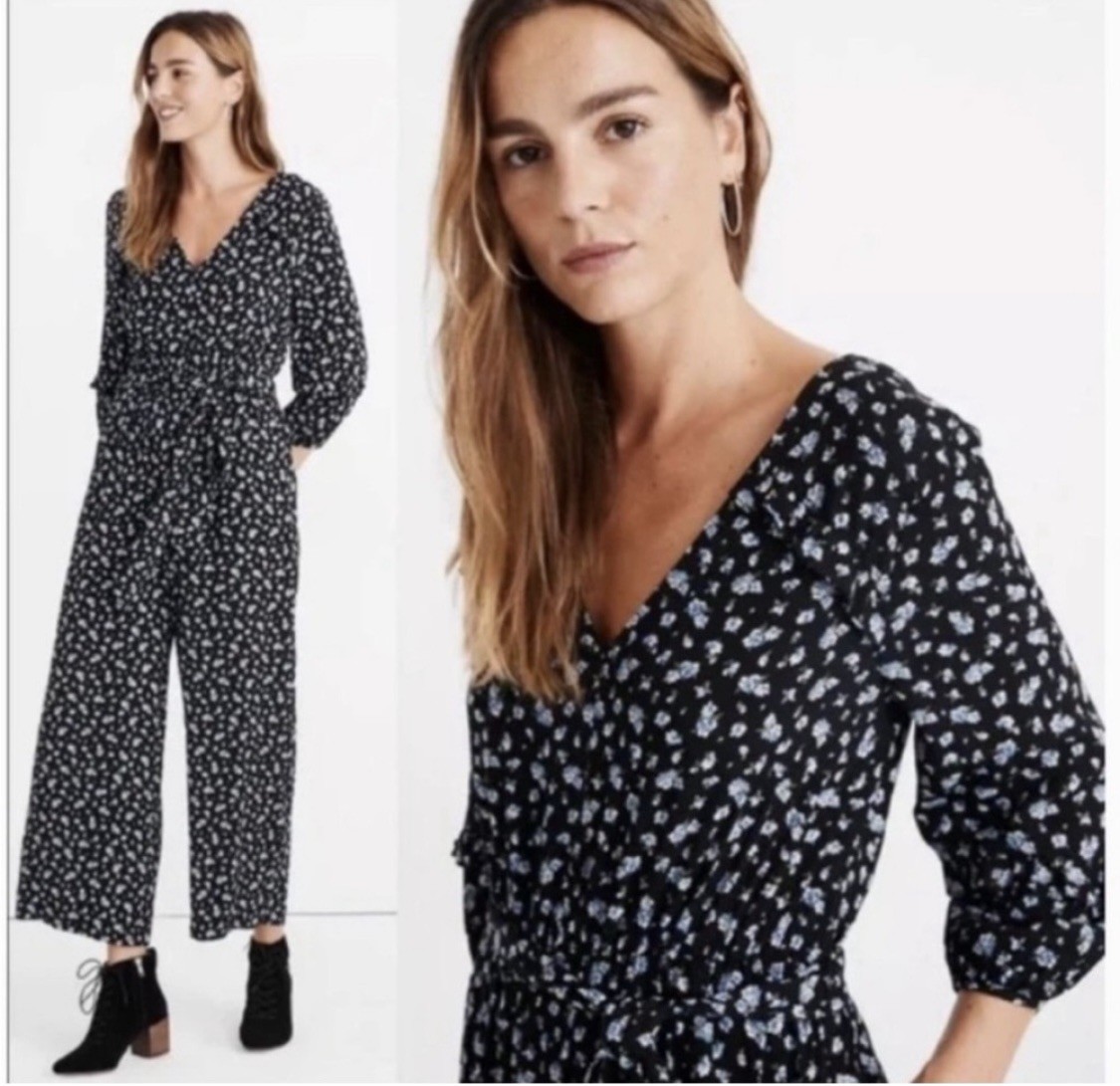 Madewell black floral baby’s breath ruffle sleeve belted jumpsuit boho size XXS