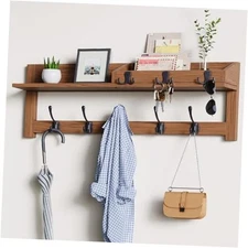 Coat Rack Wall Mount with Shelf, Wooden Entryway Wall Mounted Hanging Brown