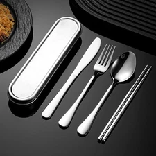 Stainless steel portable tableware 4-piece set with knives, forks, spoons, chops