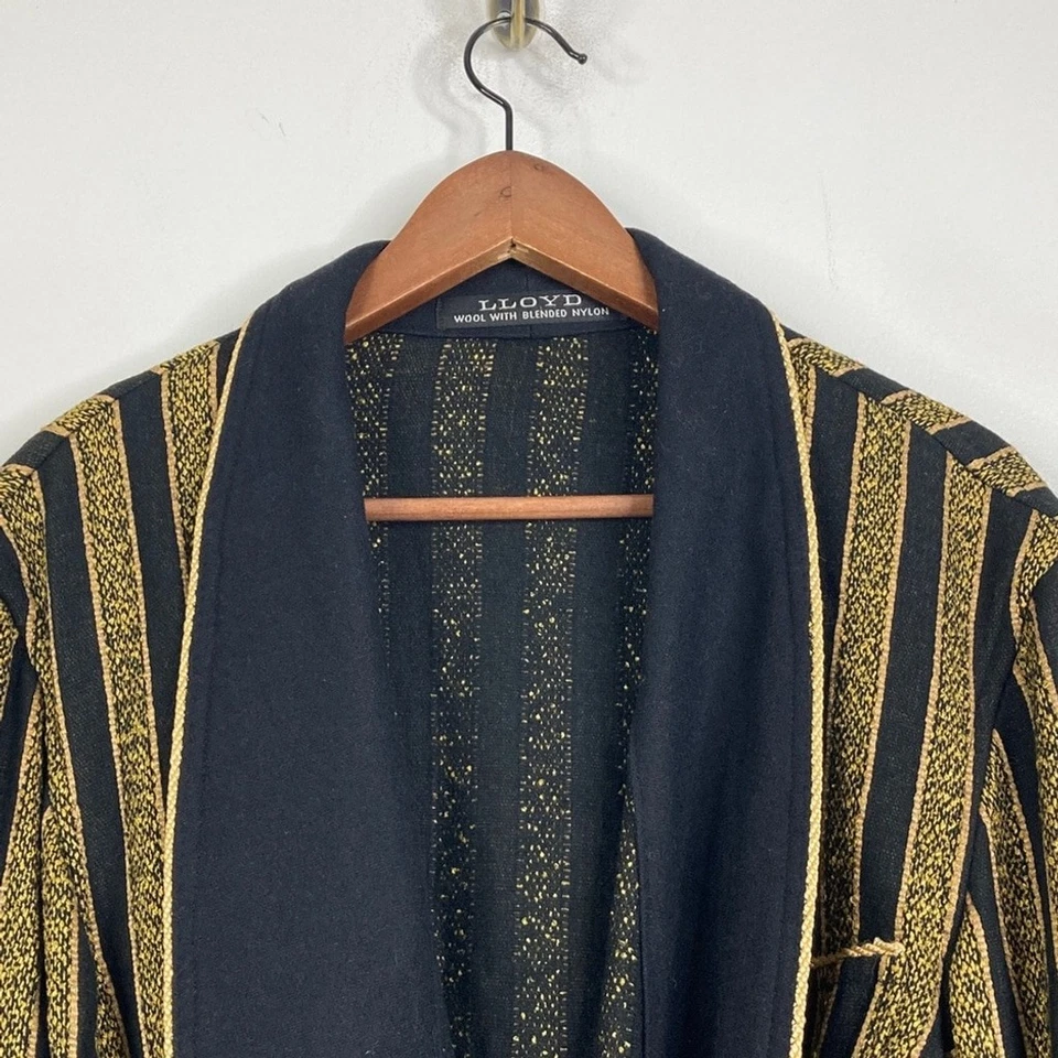 Vintage Smoking Jacket Mens Large Black Gold Stripe Wool Dressing Gown England Foto 3 de 4