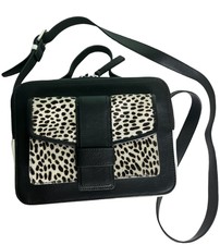 Sandro Alexa Black & White Crossbody Bag Top Handle Leather With Calf Hair Flap