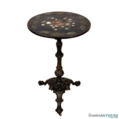 Antique English Victorian Cast Iron Inlaid Tilt Top Parlor Table