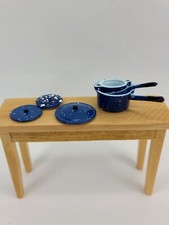 6 pc miniature granite ware blue splatter pots  lids 1:12 Dollhouse Kitchen