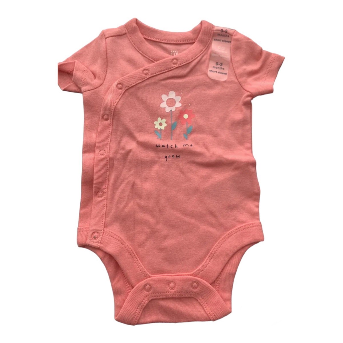 Baby GAP Girl Wrap Bodysuit, “Watch Me Grow”, Flowers, Pink, 0-3 Months