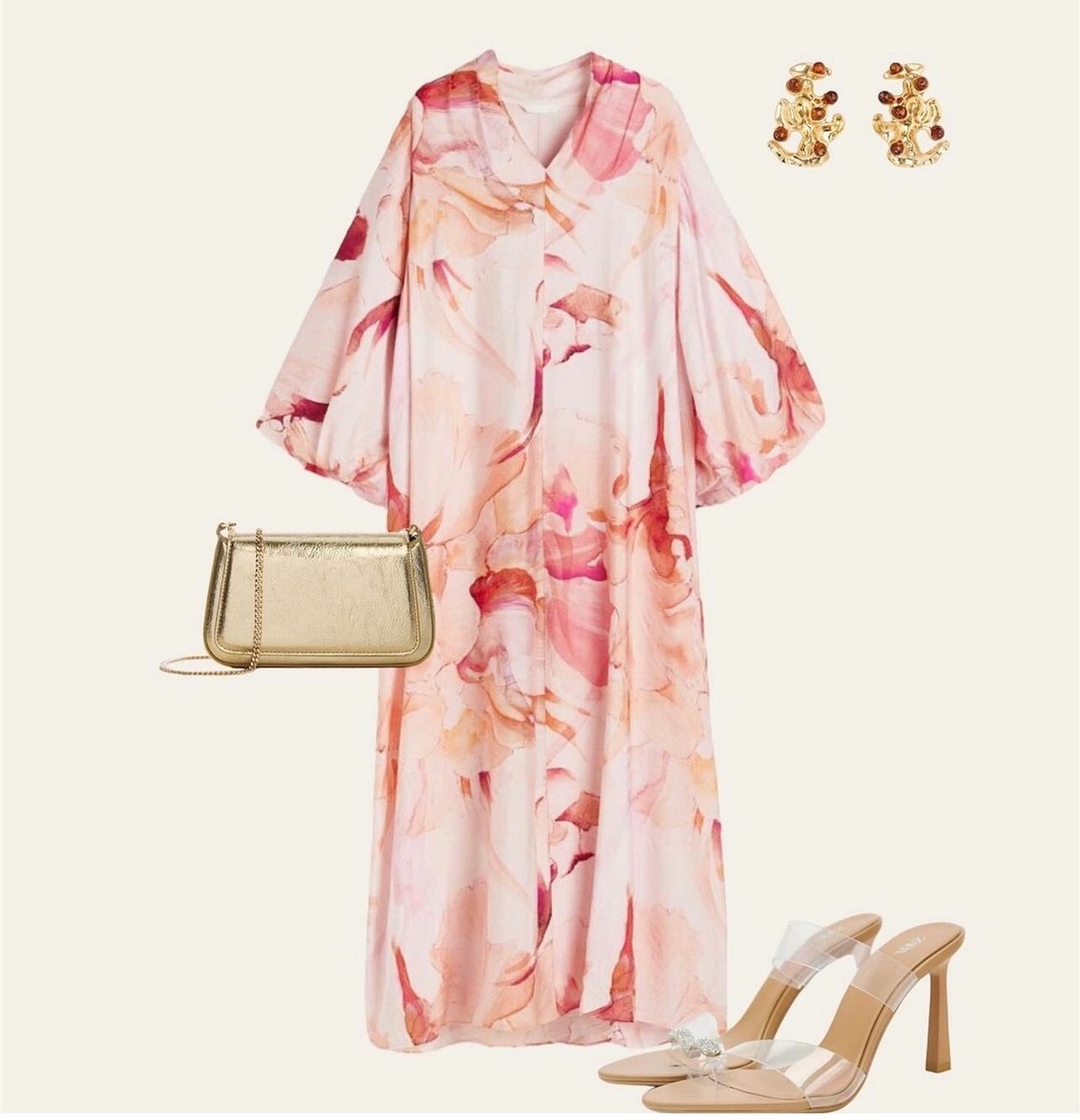 H&M HM Limited Edition Creped MAXI Dress KAFTAN Peach Pink Floral XS