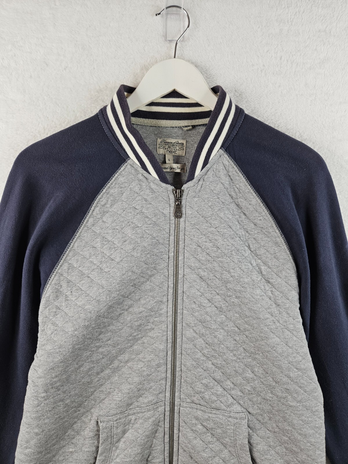 NEXT Mens Grey Navy Blue Full Zip Bomber Varsity Jacket Size Large L