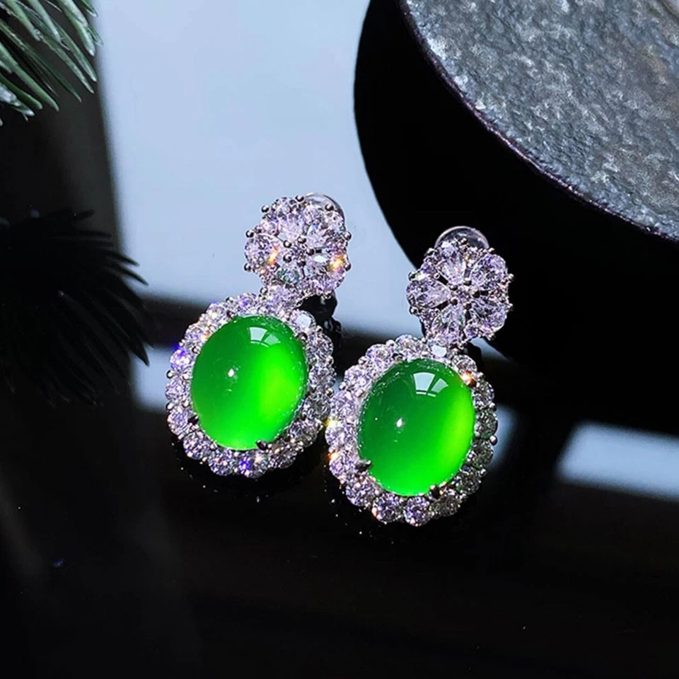 Juego de 2 piezas clásicas gemas de ágata verde natural de lujo para mujer collar colgante pendiente Foto 2 de 4