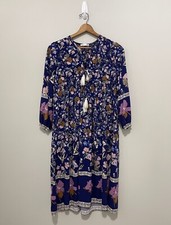 R. Vivimos MIDI Dress Sz M Blue Floral Long Slv Tiered Tassel Boho Cottagecore