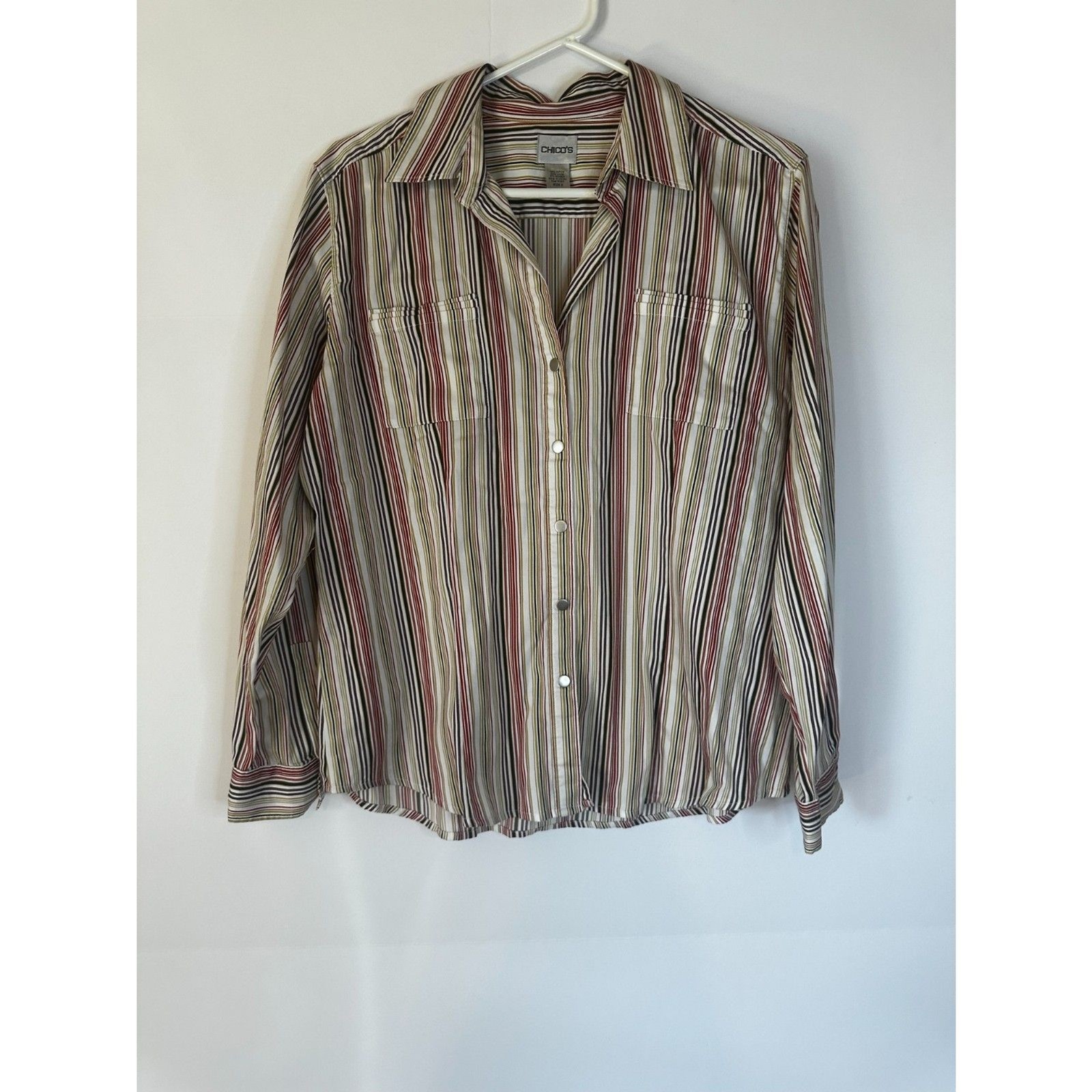 Chico’s Striped Snap Button Shirt Long Sleeve Collared Top Size 2 (M/L)