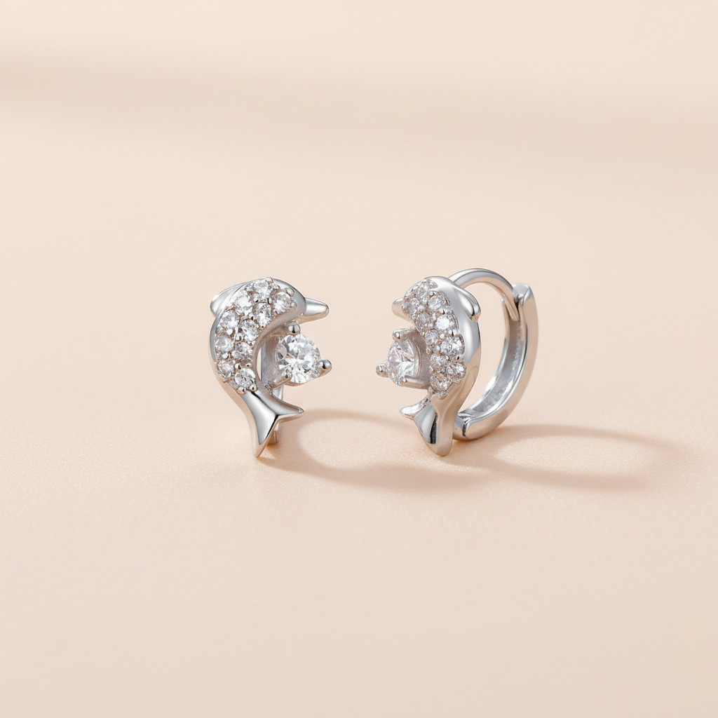 Boucles d'oreilles dauphin argent 925, créoles éclats de zircon