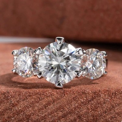4.10CTW Round Cut Moissanite Three Stone Engagement Ring  14K White Gold Plated