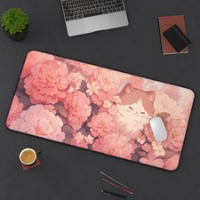 Cute Gaming Mousepad, Kawaii Large Desk Mat, Cat with Camellia Mouse Pad