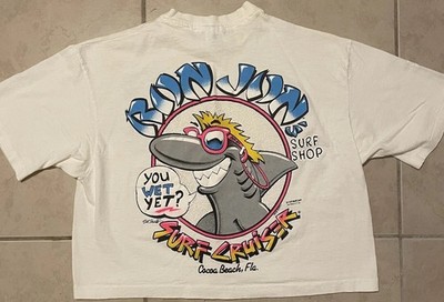 Vtg 80s Ron Jon Surf Shop You Wet Yet Crop Shirt Funny Shark Beach Quiksilver OP