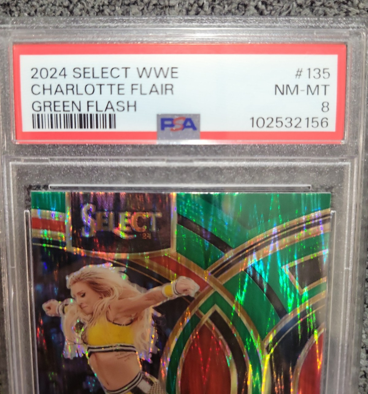 2024 Panini Prizm Select WWE Charlotte Flair Green Flash Premier PSA 8 view 2