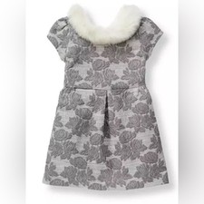 Janie and Jack Holiday Christmas Formal Jacquard Dress Faux Fur Collar 12-18