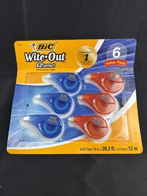 BIC Wite-Out Brand EZ Correct Correction Tape, White, 6 Count, Blue & Orange