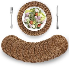 Brown Woven Placemats Round Set of 10, Natural Water Hyacinth Weave Placemat ...