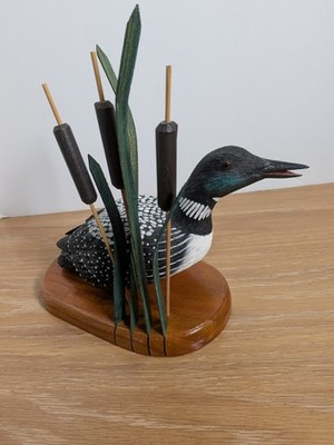 Cedar Key Design Resin Loon Decoy Figurine Cattails Artist Signed Wood Base