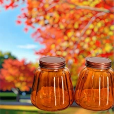New Set of 2 Pumpkin Glass Jars w/ Copper Lids + Fall Leaf Ribbon -Autumn 