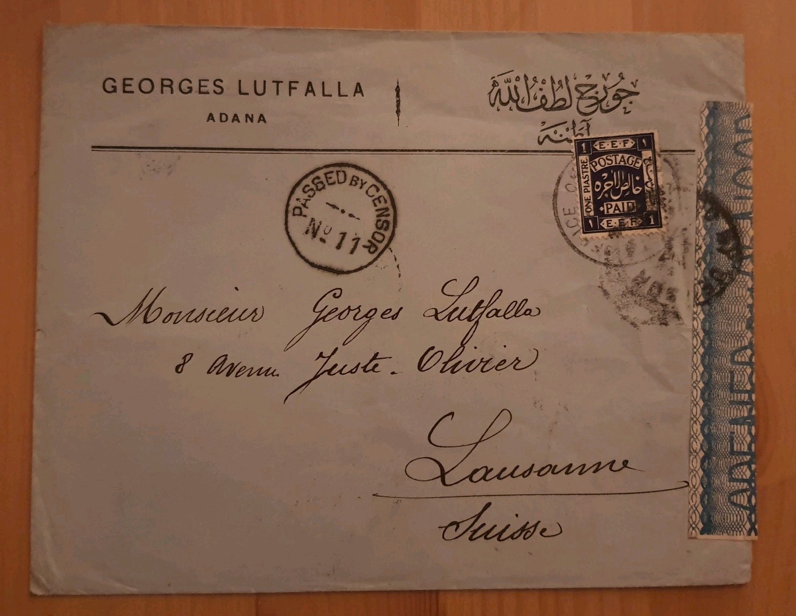 TURKEY CILICIA CILICIE 1919 COVER ADANA E.E.F. BRITISH MANDATE FRANCE CENSORED 