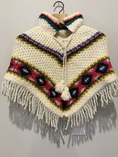 Vintage Poncho Handmade Knit Rainbow Festival Boho Hippie Fringe 70s 60s Small