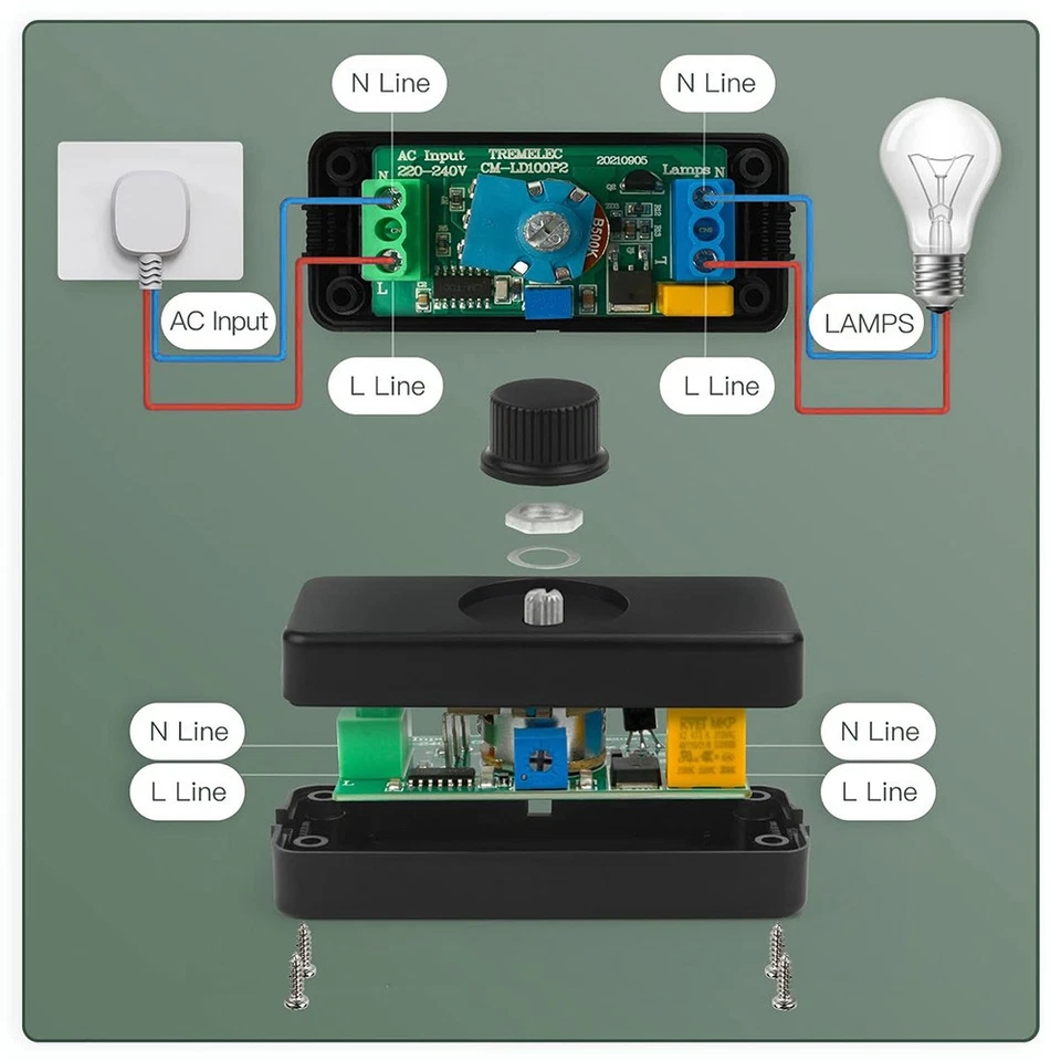 3-100W LED Dimmer Switch Inline 220-240V ON/OFF Knob Built-in Knob Control UK - Image 3 of 4
