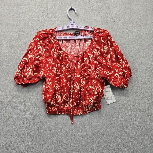 1.STATE Women Blouse S Red Floral Linen Blend Cropped Puff Sleeve Smocked NWT