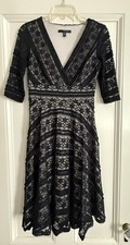 Sangria Black Lace over Nude 3/4 Sleeve V Neck Flare Skirt Dress Sz. 4P