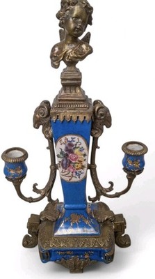 Blue Porcelain Cherub Floral Candelabra Candlestick with Bronze Ormolu-15.5''H