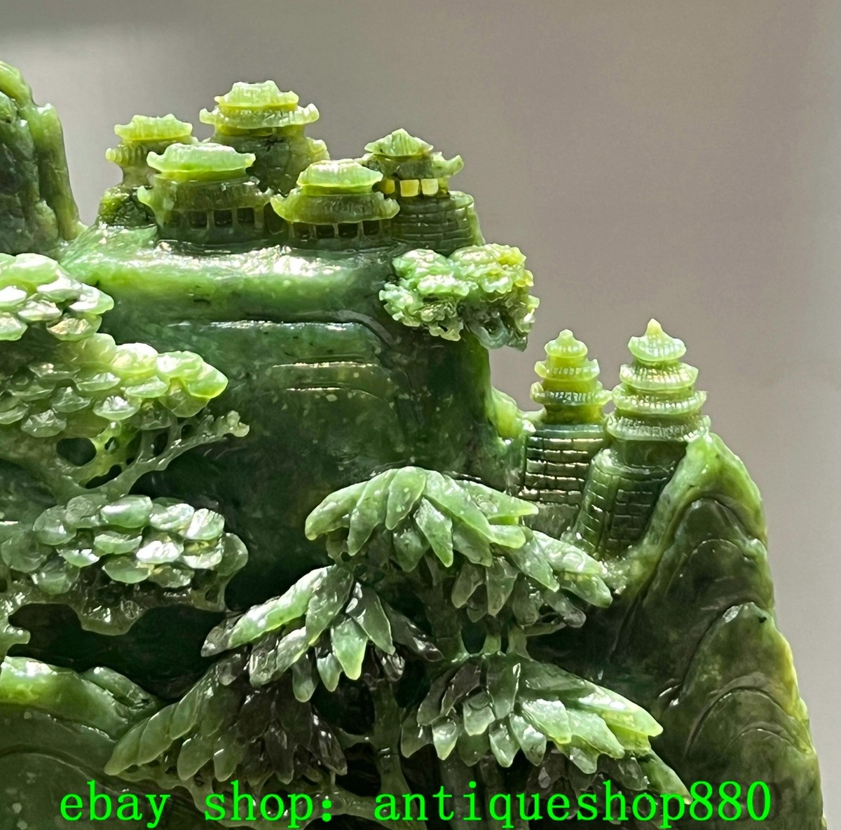 11''Chinese Natural Green Jade Carved Shanzi Mountain Tree House