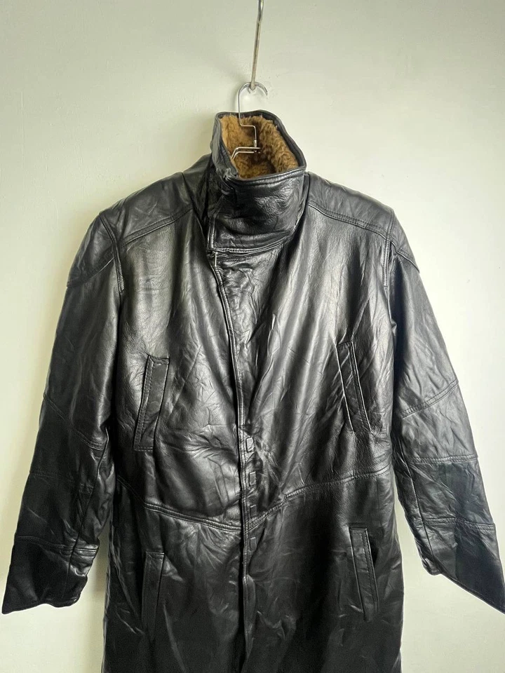 Vintage Leather Shearling Collar Coat Black Size L - Image 2 of 4