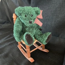 Boyds Bear Collection. Green Teddy Bear w/wooden &rope weaved seat rocker. 8”