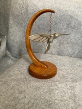 Vintage Stained Glass 3d Hummingbird With Wooden Stand Suncatcher Iridescent