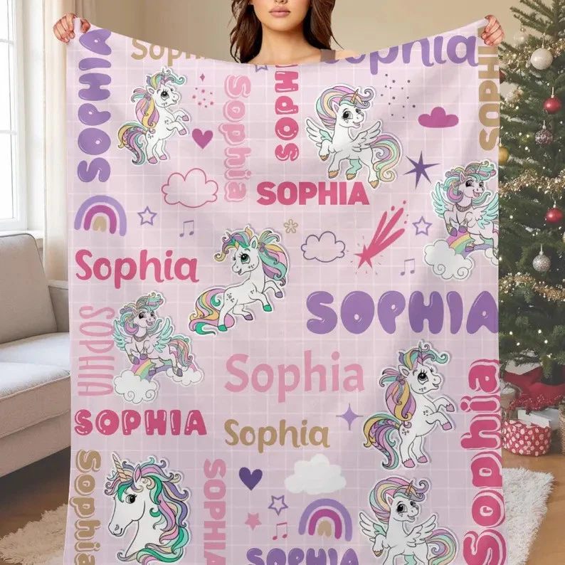 Personalized Unicorn Name Blanket, Custom Rainbow Fleece Blanket
