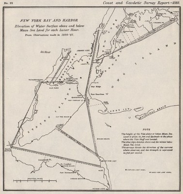 NEW YORK BAY/HAFEN. Wasserstand v mittlerer Meeresspiegel 5. Mondstunde. USCGS 1889 Karte