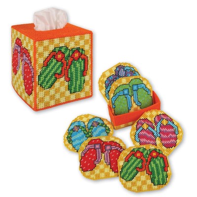 Herrschners  Fab Flip-Flop Tissue Box & Coasters Set Plastic Canvas