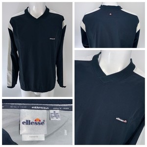 Ellesse Tennis Warmup Pullover M Men Blue Poly Crew Side Zip Retro YGI T1-516