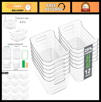 12 Pack Clear Plastic Storage Bins - Multi-Use Organizer for Home, Kitchen, Offi