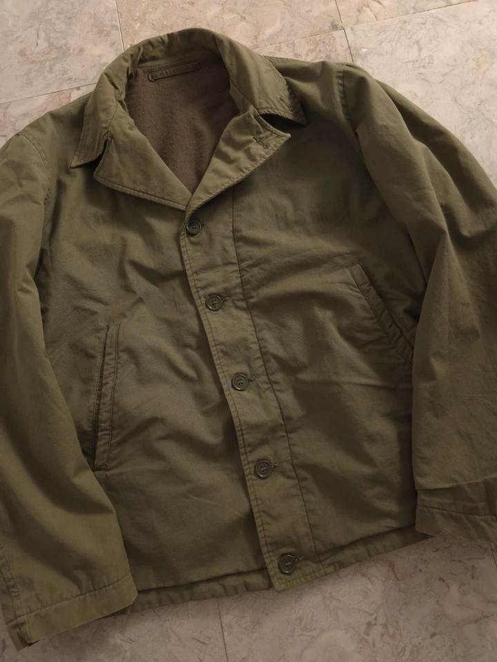 Vintage 1940s WW2 USN Navy N-4 Deck Jacket Wool Lined Green OD S/M - Image 2 of 4