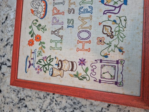 Vintage Framed Crewel Embroidery Happiness is Still Homemade 12X15 Embroidered - Picture 4 of 12