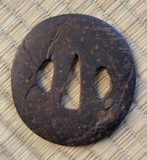 Japanese Tsuba Sword Guard Antique Katana Japan Old man relaxing Clouds Grass