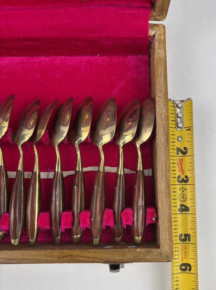Juego de 8 cubiertos de postre de latón teca vintage Tailandia Siam con estuche de madera Foto 4 de 4