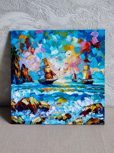Original oil painting Sailboat Ocean artwork colorful seascape wall art 8*8 inch - Picture 5 of 10