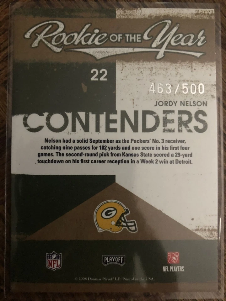 2008 PLAYOFF CONTENDERS ROOKIE OF THE YEAR JORDY NELSON ROOKIE INSERT CARD /500 - Image 2 of 2