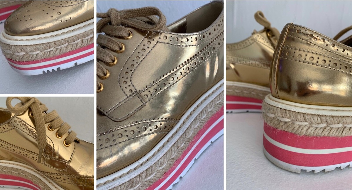 PRADA Brogue Platform Espadrille Oxford Wingtip Metallic Gold 9.5/US 10.5 $995 PRADA Size 10 Gold Perforated Leather Platform Lace-Up Shoes  main image 4