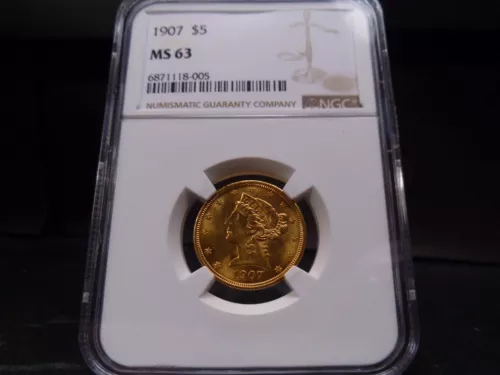 1907 MS63 $5 Gold Liberty Half Eagle NGC Certified - Stunning for Grade