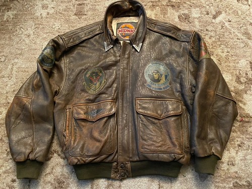 VTG Midway Leather Bomber Jacket VGC Size Medium Distressed Men Made In Korea