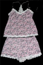 2-Pc Laura Ashley Pink Grey Floral Lace Cami Top  Shorts Pajama Set Wms M 36